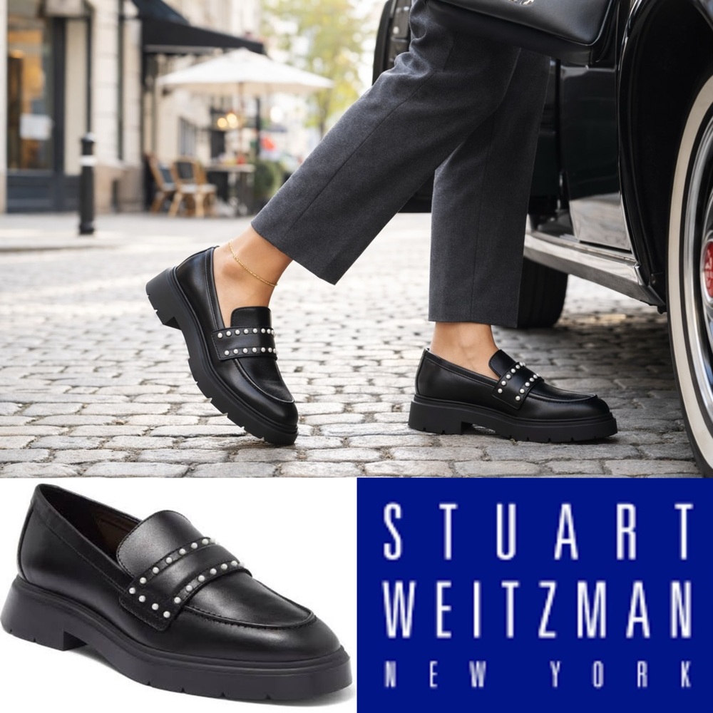 $550 Stuart Weitzman Darcy CHUNKY Pearl Loafer BLACK LEATHER SHOES size 7.5